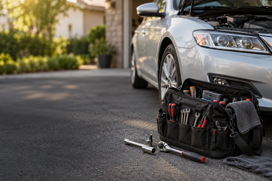 Illustrative photo of a mobile mechanic tool bag beside a parked silver car