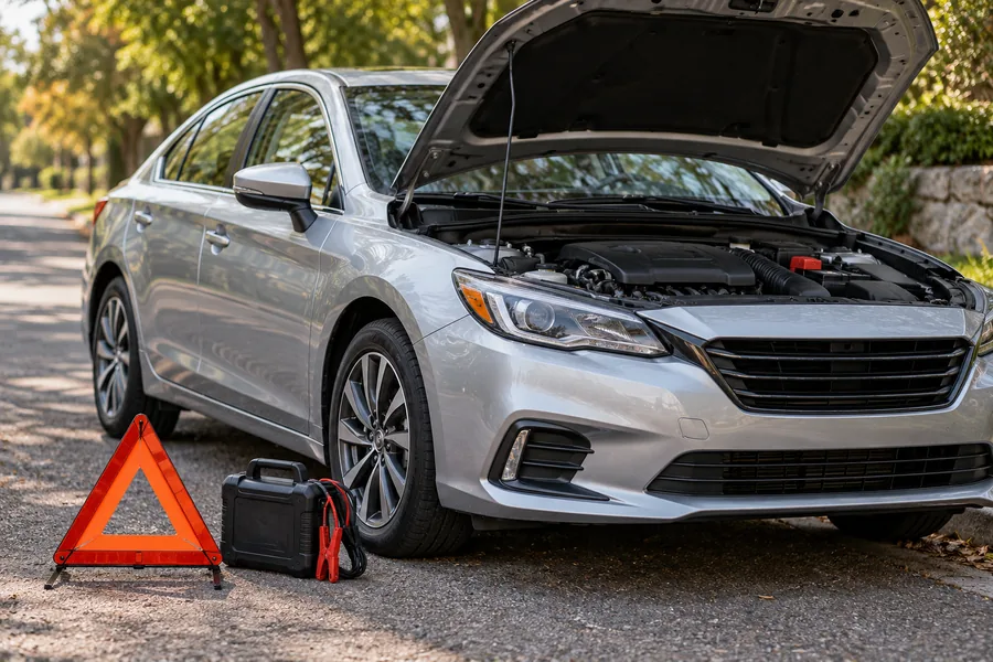 Illustrative photo of a parked car with roadside assistance equipment